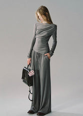 Gray One-Shoulder Knit Two-Piece Set